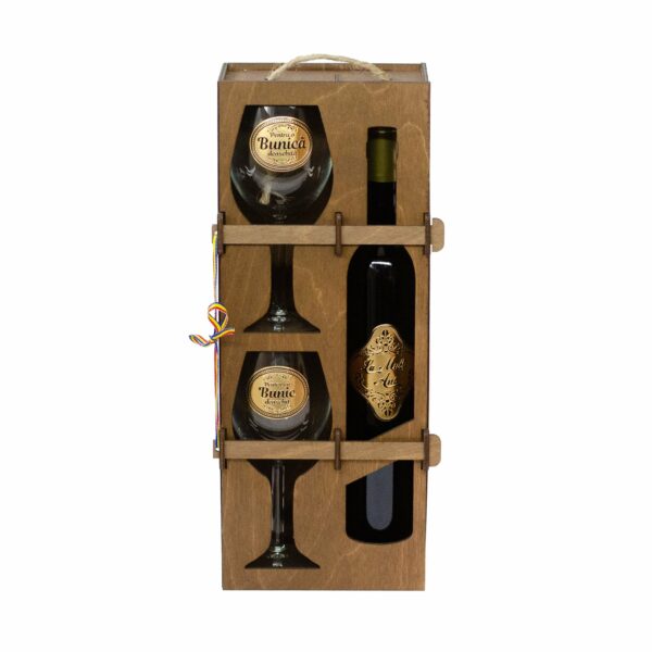 Set vin personalizat in cutie lemn, 2 pahare, Pentru bunic si bunica - Cadou