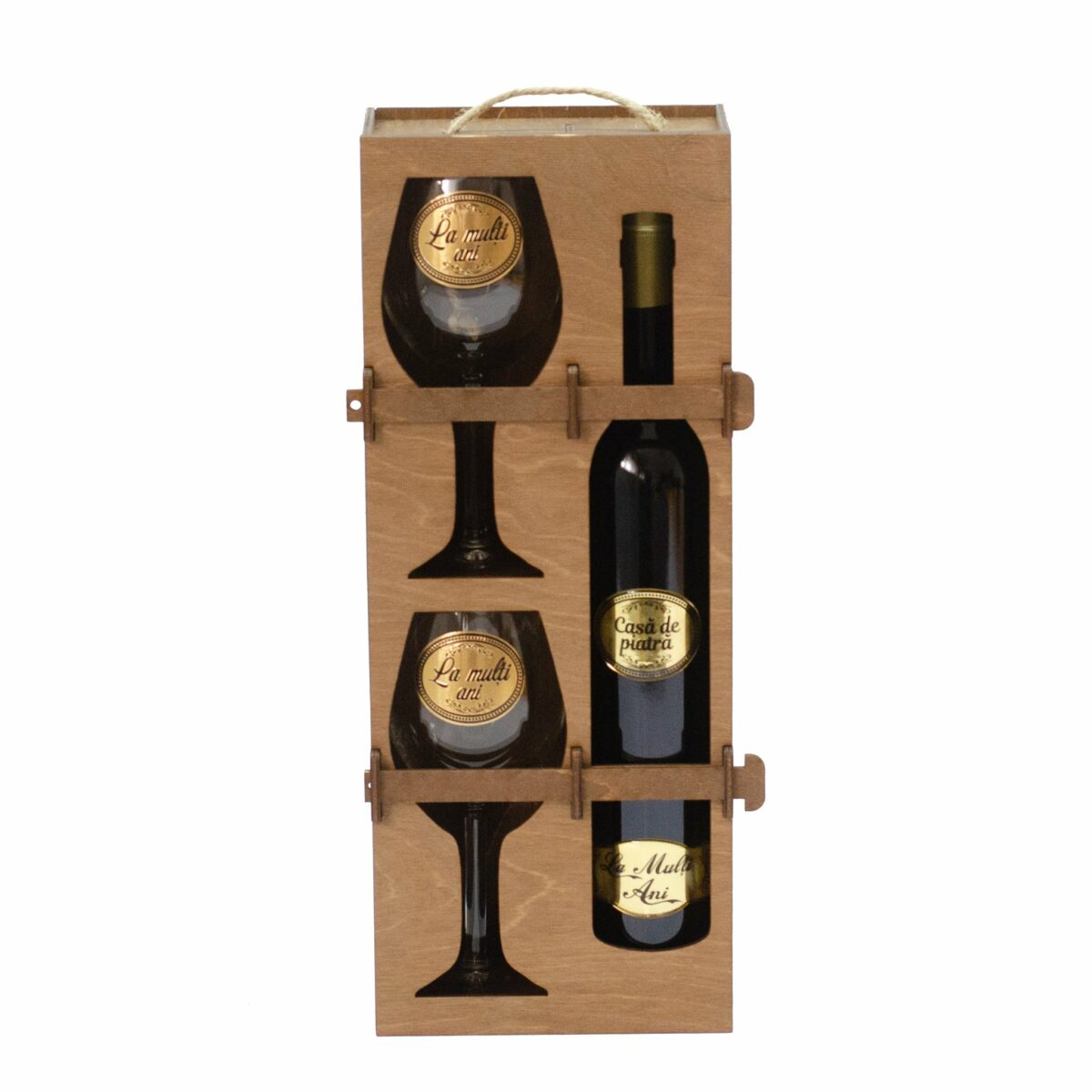 Set vin personalizat in cutie lemn, 2 pahare SGR - Urari de La multi ani - Cadou
