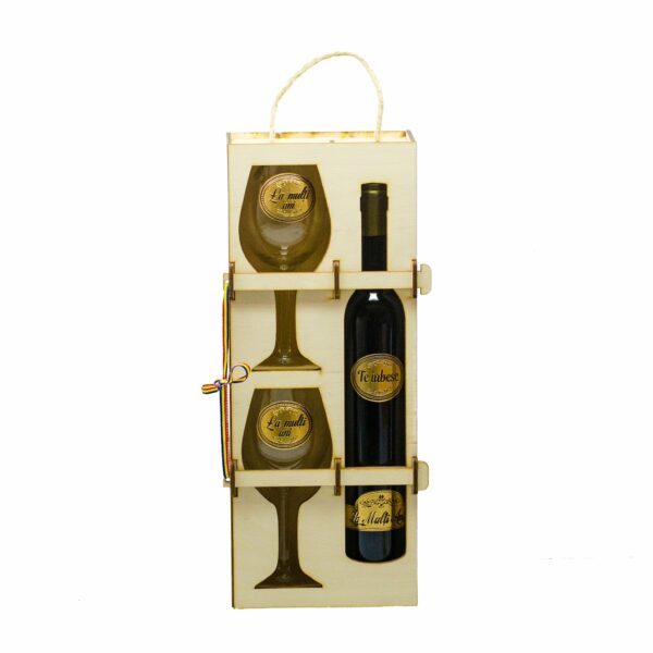 Set vin personalizat in cutie lemn, 2 pahare,  La multi ani, Te iubesc - Cadou