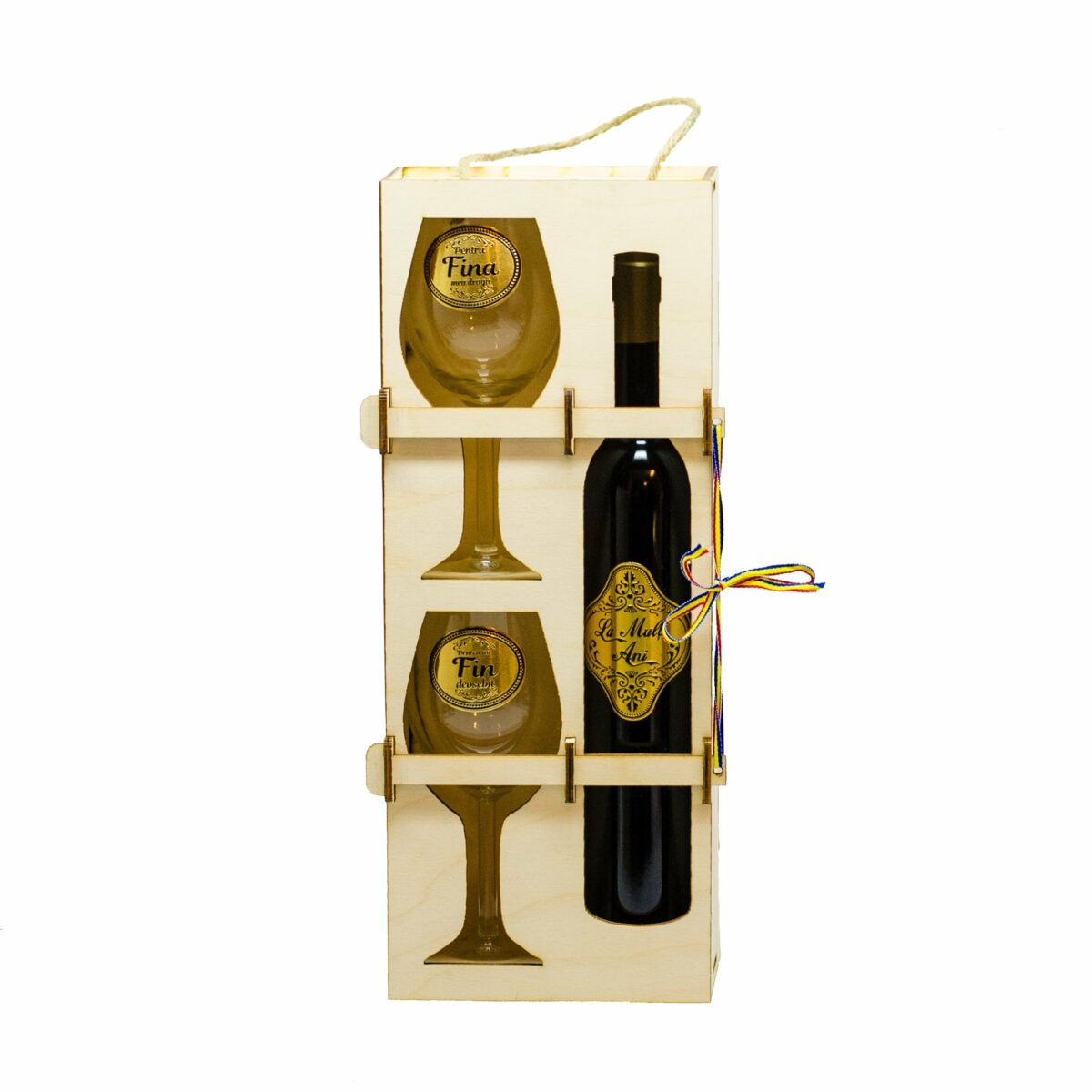 Set vin personalizat in cutie lemn, 2 pahare SGR - Fin si Fina - Cadou