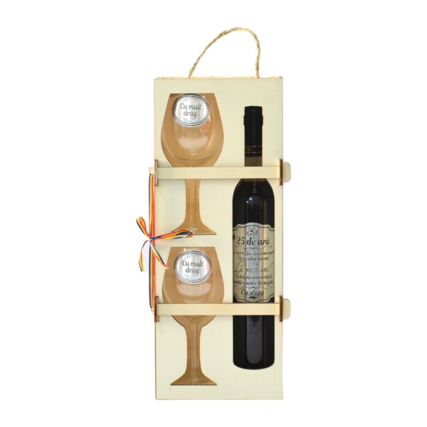 Set vin personalizat in cutie lemn, 2 pahare, Cu ocazia aniversarii nuntii de argint - Cadou