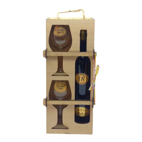 Set vin personalizat in cutie lemn, 2 pahare, La multi ani - 18 - Cadou