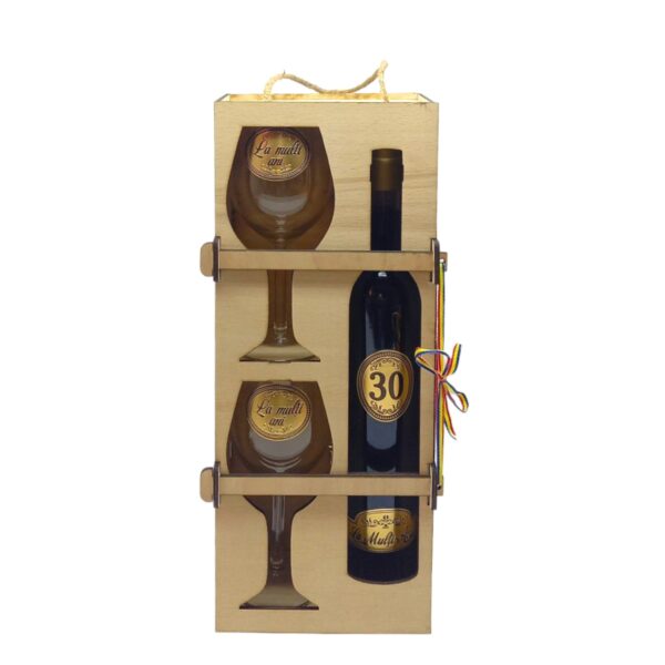 Set vin personalizat in cutie lemn, 2 pahare, La multi ani - 18 - Cadou