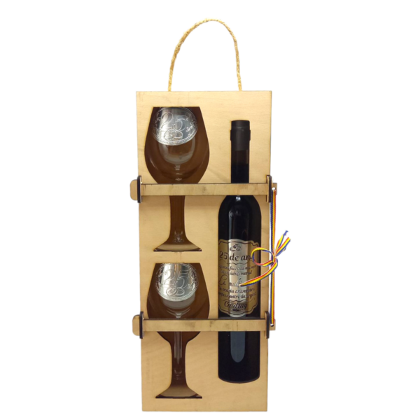 Set vin personalizat in cutie lemn, 2 pahare, Cu ocazia aniversarii nuntii de argint - 25 - Cadou